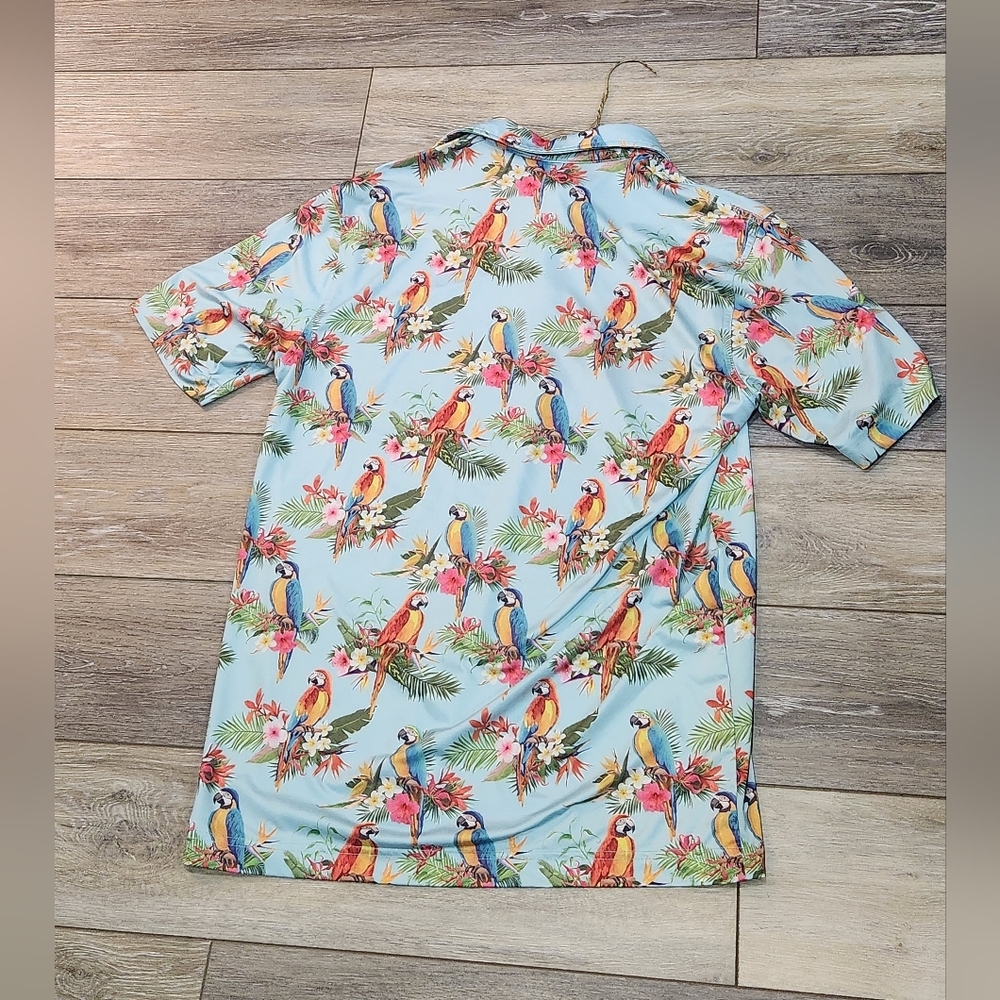 Waggle Men's Tropical Parrot Print Polo Shirt - Blue - Picture 6 of 6